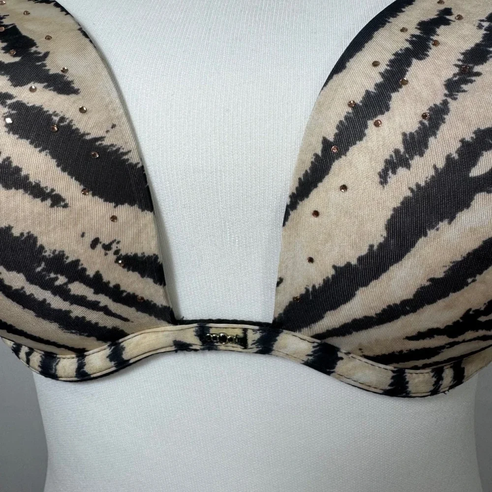 Victoria's Secret Push Up Bra 34D Beige Black Zebra Print Rhinestone‎ Detail